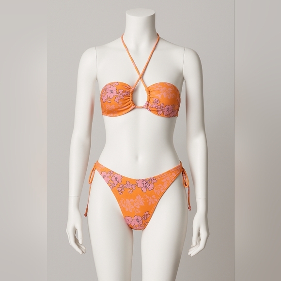 2/$25-Floral Halter Hawaiian 90s Vibes Bikini - Orange and Pink Size 6 - Picture 1 of 9